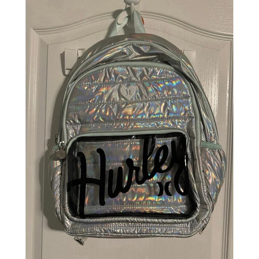 NEW Hurley Iridescent Backpack Back Pack to School Book Bag Clear Pencil Pocket
